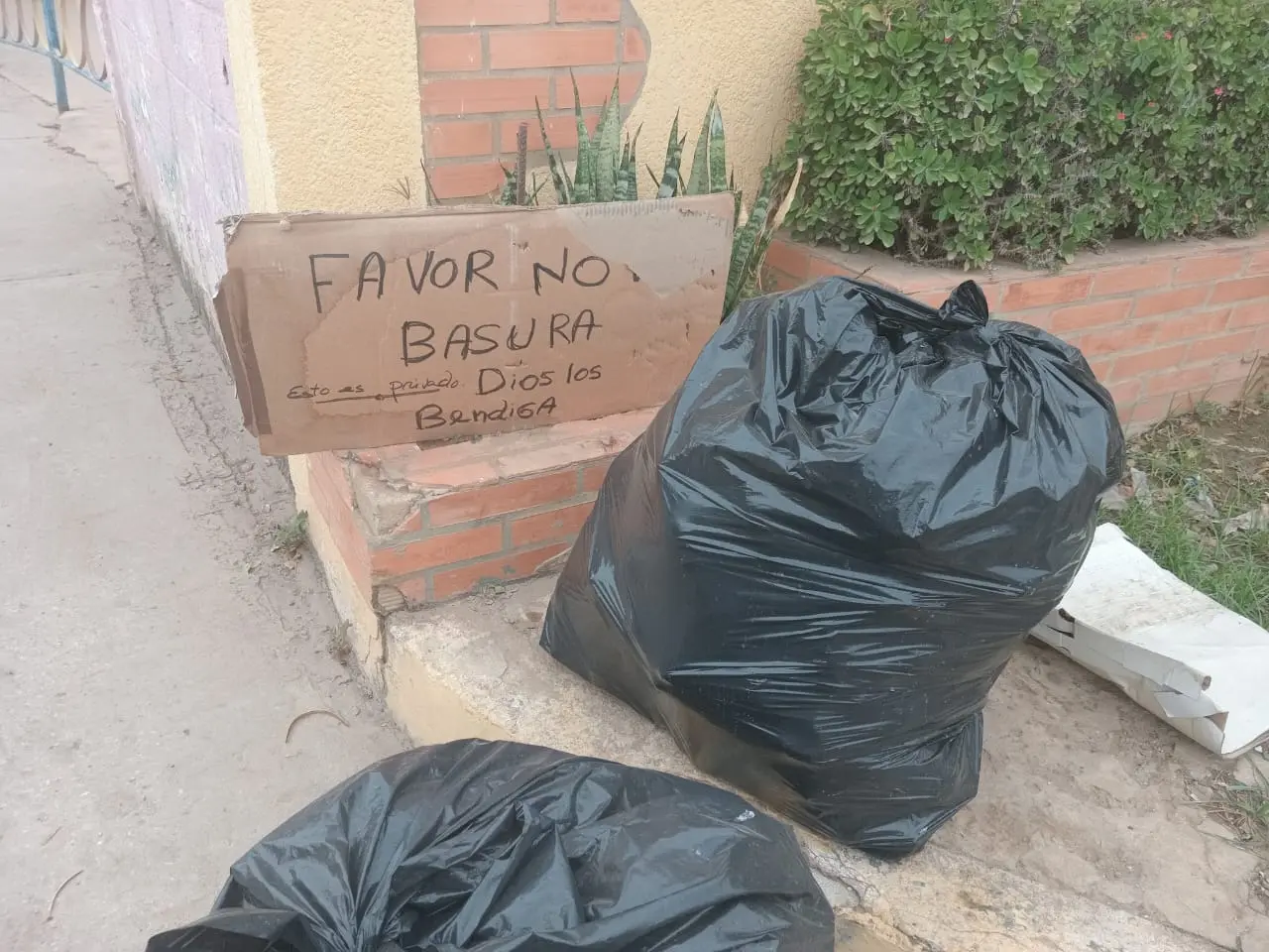 Cartón escrito a mano con el mensaje “Favor no basura” que contradice el hecho de que hay bolsas negras de basura en una calle residencial latinoamericana, parte del reportaje gráfico Encuadre de El Pájaro Azul